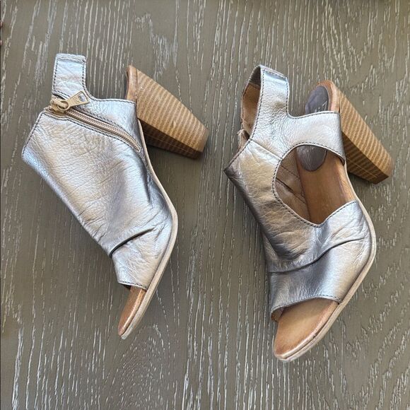 Miz Mooz Metallic Pewter Leather Heeled Sandals Open Toe Shoes Slingback Size 38 - Picture 5 of 12